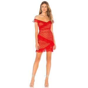 Majorelle Bandit Red Swiss Dot Ruffle Off-Shoulder Mini Dress Size S